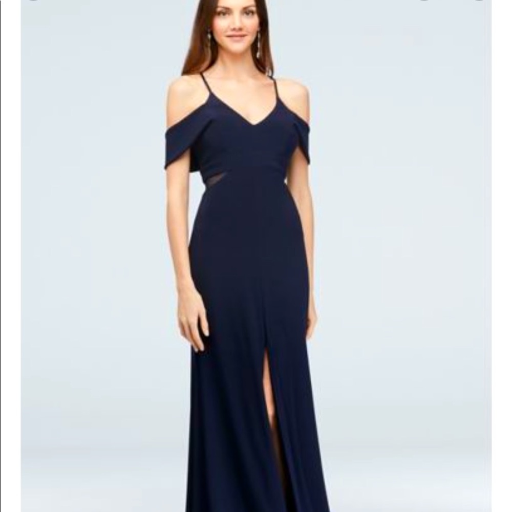 David’s Bridal Navy Cold Shoulder Jersey Gown size 16